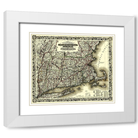 Massachusetts, Rhode Island, Connecticut 1853 White Modern Wood Framed Art Print with Double Matting by Colton