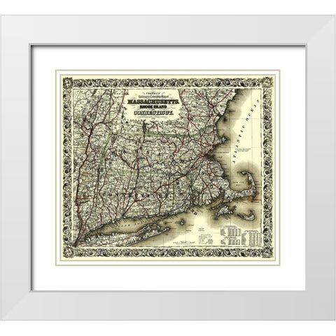 Massachusetts, Rhode Island, Connecticut 1853 White Modern Wood Framed Art Print with Double Matting by Colton