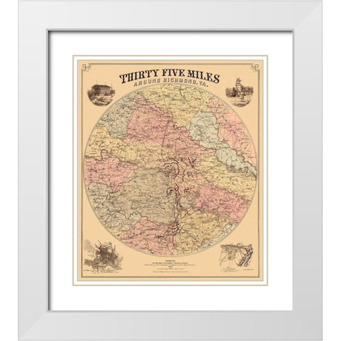 Richmond Virginia 35 Miles Around - Bohn 1867 White Modern Wood Framed Art Print with Double Matting by Bohn