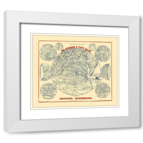150 Miles Around Richmond Virginia - Magnus 1864 White Modern Wood Framed Art Print with Double Matting by Magnus