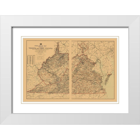 Virginia, West Virginia Postal Routes - USPS 1896 White Modern Wood Framed Art Print with Double Matting by USPS