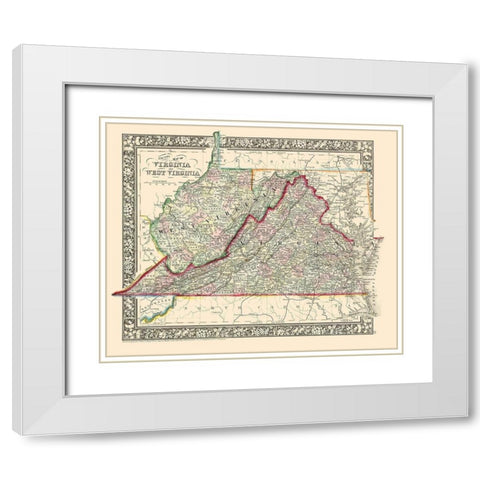 Virginia, West Virginia Counties - Mitchell 1863 White Modern Wood Framed Art Print with Double Matting by Mitchell