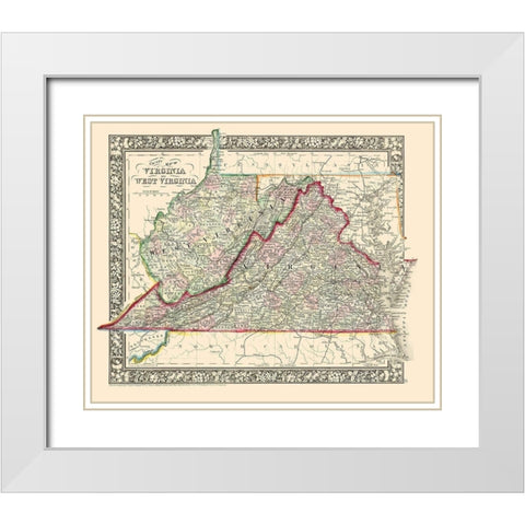 Virginia, West Virginia Counties - Mitchell 1863 White Modern Wood Framed Art Print with Double Matting by Mitchell