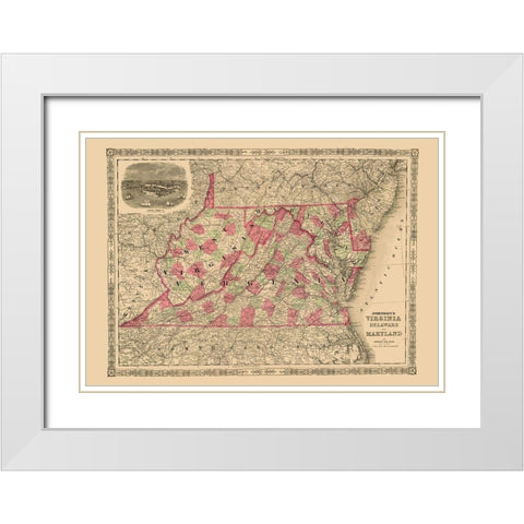 Virginia, Maryland, Delaware - Johnson 1864 White Modern Wood Framed Art Print with Double Matting by Johnson