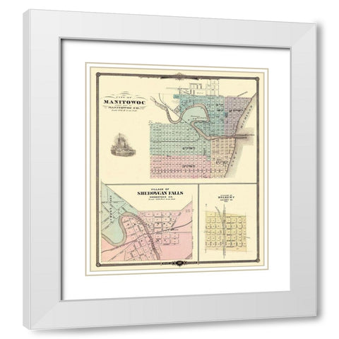 Manitowoc, Sheboygan Falls Wisconsin - Snyder 1878 White Modern Wood Framed Art Print with Double Matting by Snyder