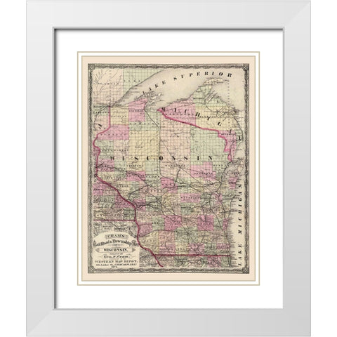 Wisconsin Railroads and Townships - Cram 1875 White Modern Wood Framed Art Print with Double Matting by Cram