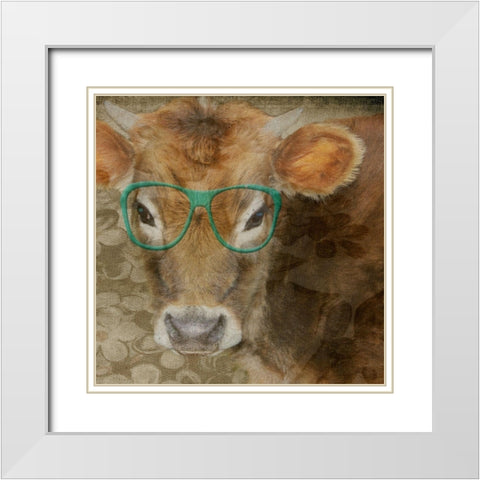 Styley Cow White Modern Wood Framed Art Print with Double Matting by Phillip, Jamie