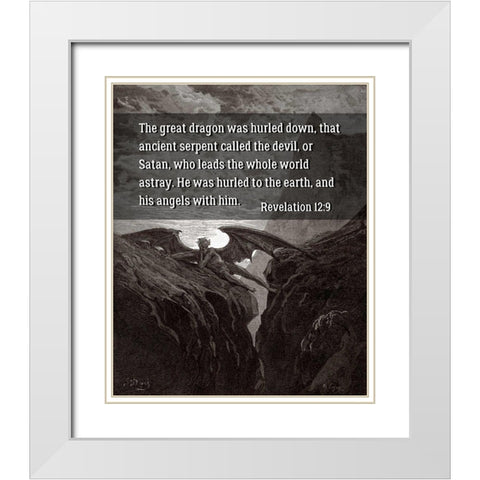Bible Verse Quote Revelation 12:9, Gustave Dore - Satan Resting on the Mountain White Modern Wood Framed Art Print with Double Matting by ArtsyQuotes