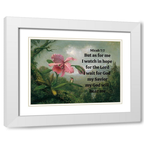 Bible Verse Quote Micah 7:7, Martin Johnson Heade - Orchid and Hummingbird White Modern Wood Framed Art Print with Double Matting by ArtsyQuotes