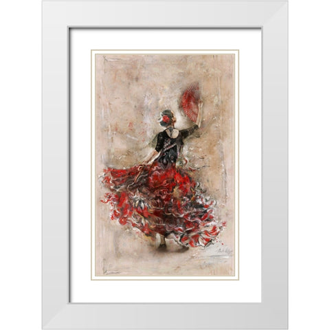Flamenco with fan White Modern Wood Framed Art Print with Double Matting by Wiley, Marta