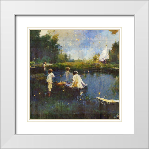 Children playing with boats I White Modern Wood Framed Art Print with Double Matting by Wiley, Marta