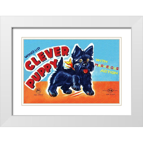 Wind Up Clever Puppy White Modern Wood Framed Art Print with Double Matting by Retrobot