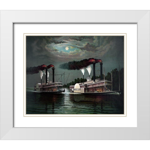 Race of the steamers Robert. E. Lee and Natchez on the Mississippi White Modern Wood Framed Art Print with Double Matting by Donaldson