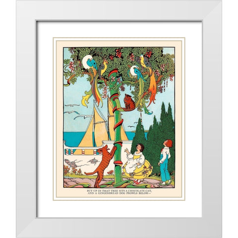 Gingerbread dog chases the Cat and Birds White Modern Wood Framed Art Print with Double Matting by Field, Eugene