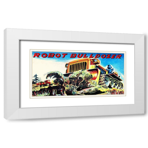 Robot Bulldozer White Modern Wood Framed Art Print with Double Matting by Retrobot
