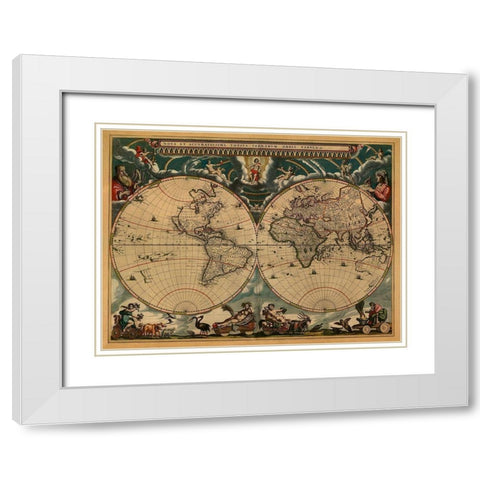 New and Accurate Map of the World White Modern Wood Framed Art Print with Double Matting by Blaeu, Johannes