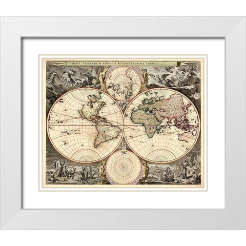 World Map White Modern Wood Framed Art Print with Double Matting by Visscher, Nicolao