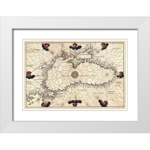 Portolan or Navigational Map of the Black Sea showing anthropomorphic winds White Modern Wood Framed Art Print with Double Matting by Agnese, Battista