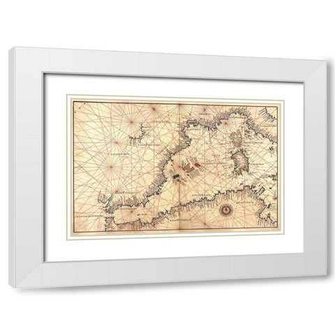 Portolan or Navigational Map of the Western Mediterranean from Gibraltar to Piedmont and Sardinia White Modern Wood Framed Art Print with Double Matting by Agnese, Battista