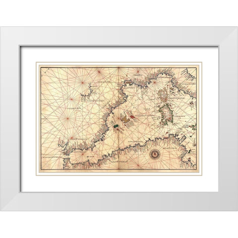Portolan or Navigational Map of the Western Mediterranean from Gibraltar to Piedmont and Sardinia White Modern Wood Framed Art Print with Double Matting by Agnese, Battista