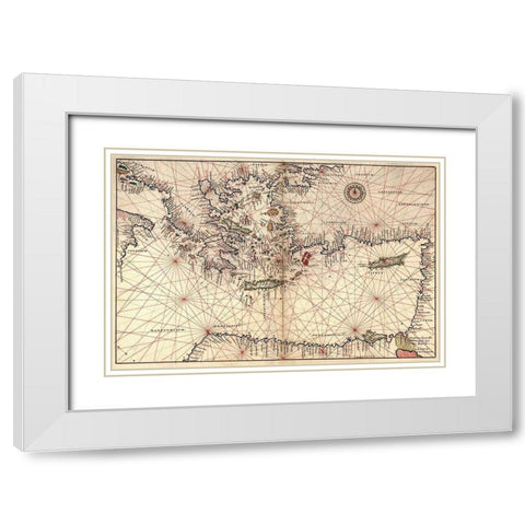 Portolan or Navigational Map of Greece, the Mediterranean and the Levant White Modern Wood Framed Art Print with Double Matting by Agnese, Battista