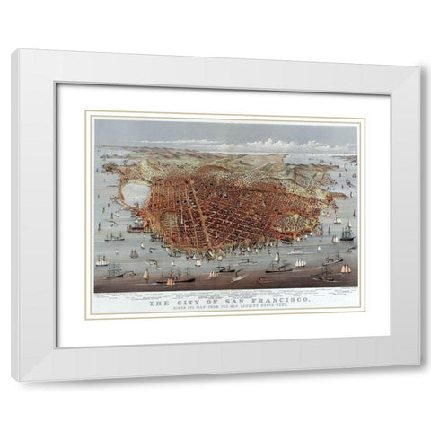 The City of San Francisco; Birds Eye View from the Bay Looking South-West White Modern Wood Framed Art Print with Double Matting by Currier and Ives