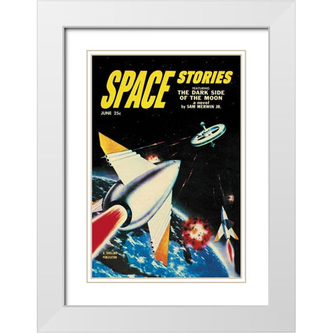 Space Stories: Assault on Space Lab White Modern Wood Framed Art Print with Double Matting by Retrosci-fi