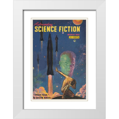 Astounding Science Fiction: Space Fear White Modern Wood Framed Art Print with Double Matting by Retrosci-fi