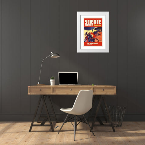 Science Fiction Quarterly: Astronaut Battle White Modern Wood Framed Art Print with Double Matting by Retrosci-fi