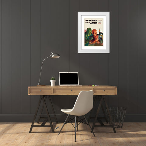 Science Fiction Quarterly: Diabolical Scheming White Modern Wood Framed Art Print with Double Matting by Retrosci-fi