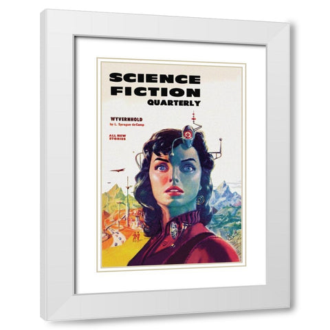 Science Fiction Quarterly: Woman with Forehead Transmitter White Modern Wood Framed Art Print with Double Matting by Retrosci-fi