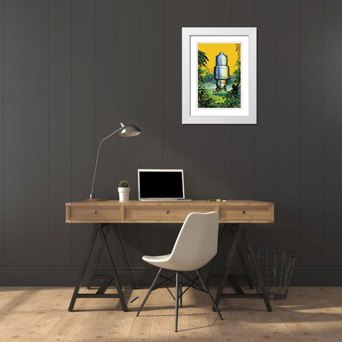 Spaceship in the Jungle White Modern Wood Framed Art Print with Double Matting by Retrosci-fi
