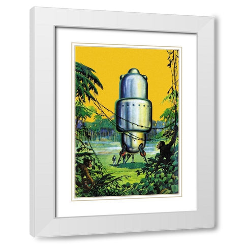Spaceship in the Jungle White Modern Wood Framed Art Print with Double Matting by Retrosci-fi