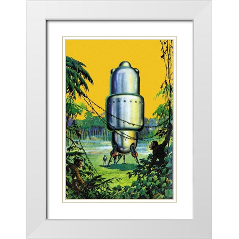Spaceship in the Jungle White Modern Wood Framed Art Print with Double Matting by Retrosci-fi