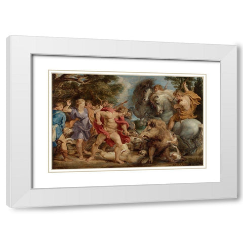 The Calydonian Boar Hunt White Modern Wood Framed Art Print with Double Matting by Rubens, Peter Paul
