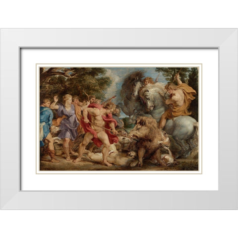 The Calydonian Boar Hunt White Modern Wood Framed Art Print with Double Matting by Rubens, Peter Paul