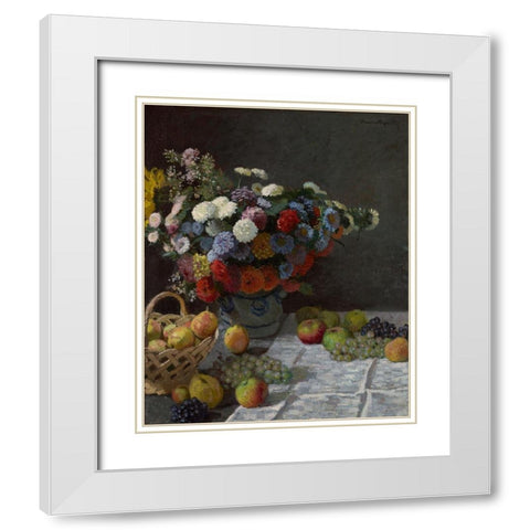 Still Life with Flowers and Fruit White Modern Wood Framed Art Print with Double Matting by Monet, Claude
