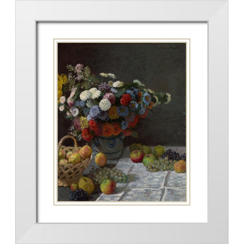 Still Life with Flowers and Fruit White Modern Wood Framed Art Print with Double Matting by Monet, Claude
