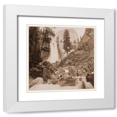 Piwayac - Vernal Fall - 300 ft. Yosemite, California, 1861 White Modern Wood Framed Art Print with Double Matting by Watkins, Carleton