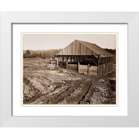 Oswego Iron Works, Willamette River, Oregon, 1867 White Modern Wood Framed Art Print with Double Matting by Watkins, Carleton