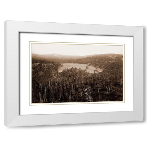 Dams and Lake, Nevada County, California, Distant View, about 1871 White Modern Wood Framed Art Print with Double Matting by Watkins, Carleton