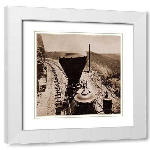 Rounding Cape Horn, California, Road to Iowa Hill from the river, in the distance, 1866-1869 White Modern Wood Framed Art Print with Double Matting by Hart, Alfred A.