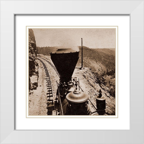 Rounding Cape Horn, California, Road to Iowa Hill from the river, in the distance, 1866-1869 White Modern Wood Framed Art Print with Double Matting by Hart, Alfred A.