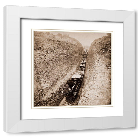 Bloomer Cut near Auburn, California, 800 feet long and 63 feet high, 1866-1869 White Modern Wood Framed Art Print with Double Matting by Hart, Alfred A.
