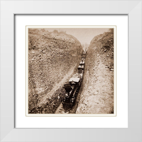 Bloomer Cut near Auburn, California, 800 feet long and 63 feet high, 1866-1869 White Modern Wood Framed Art Print with Double Matting by Hart, Alfred A.