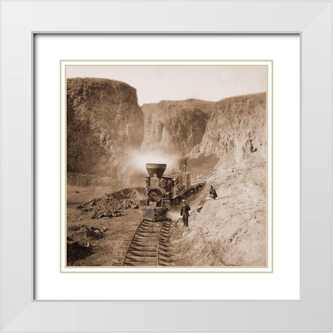 First Construction Train passing the Palisades, Ten Mile Canon, Nevada, 1866-1869 White Modern Wood Framed Art Print with Double Matting by Hart, Alfred A.