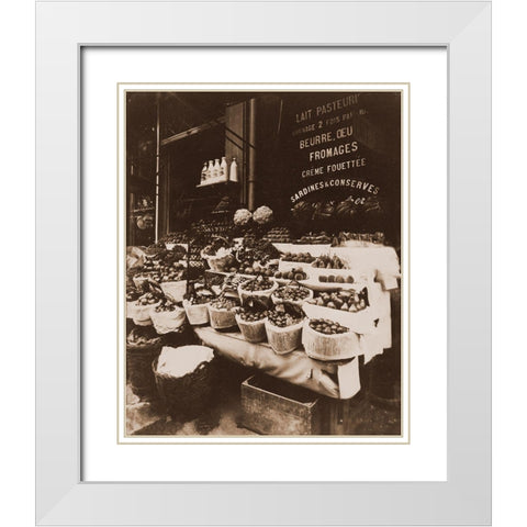 Rue Sainte-Opportune - Produce Display, rue Sainte-Opportune. Sepia White Modern Wood Framed Art Print with Double Matting by Atget, Eugene