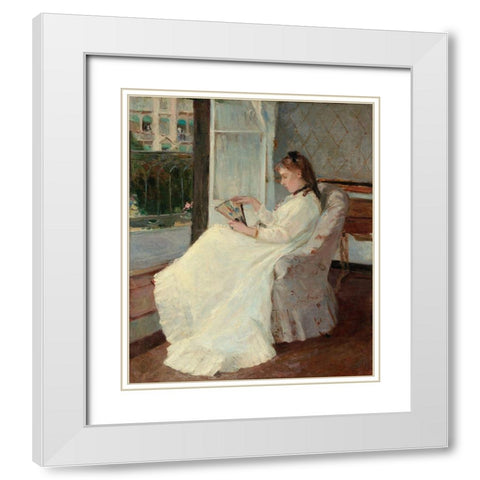 The Artists Sister at a Window, 1869 White Modern Wood Framed Art Print with Double Matting by Morisot, Berthe