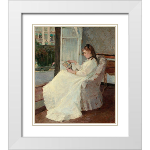 The Artists Sister at a Window, 1869 White Modern Wood Framed Art Print with Double Matting by Morisot, Berthe