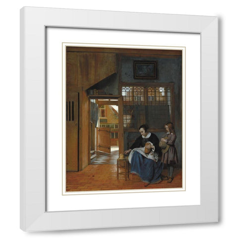 A Woman Preparing Bread and Butter for a Boy White Modern Wood Framed Art Print with Double Matting by de Hooch, Pieter
